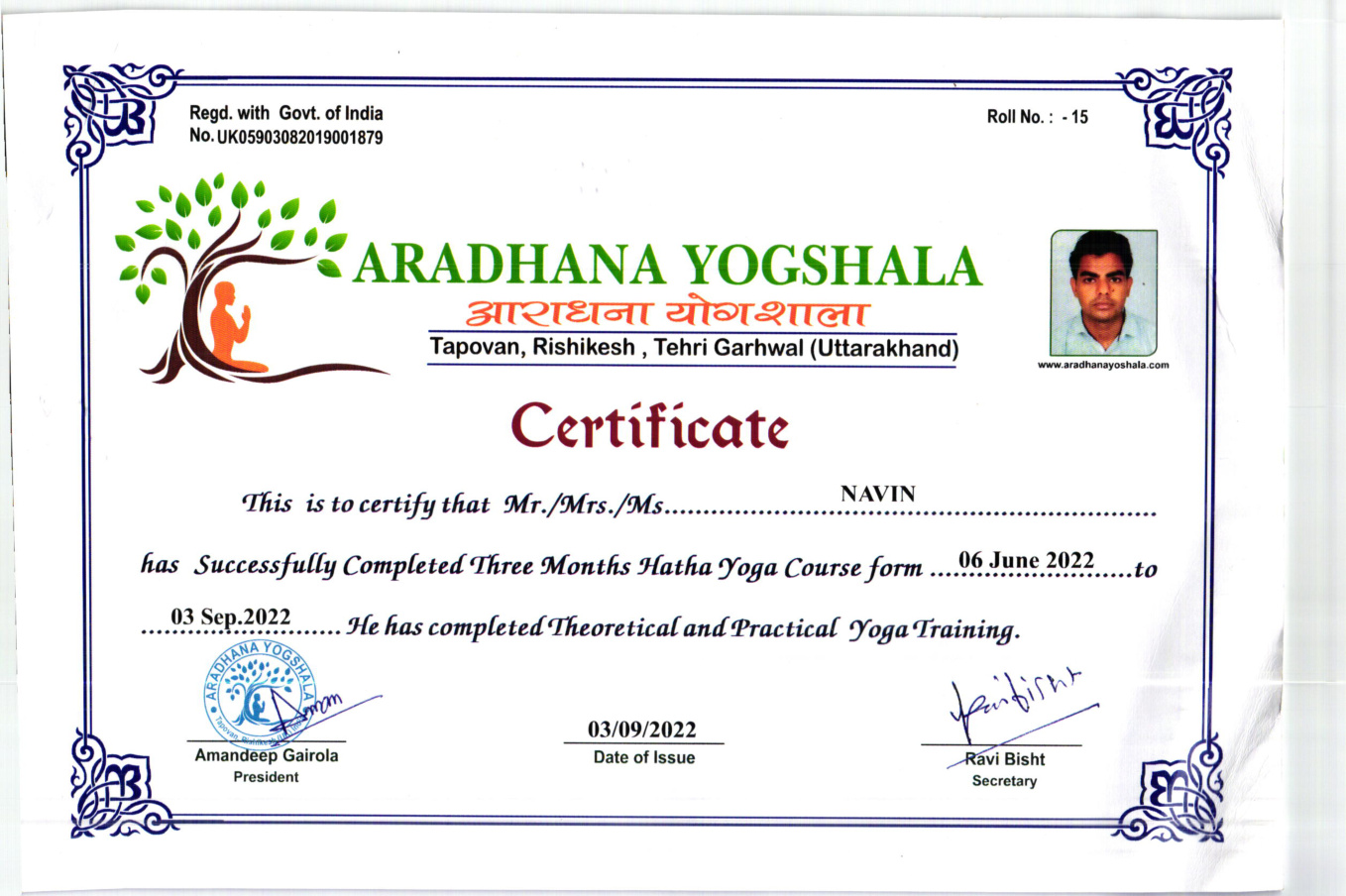 Three months Hatha Yoga certificate