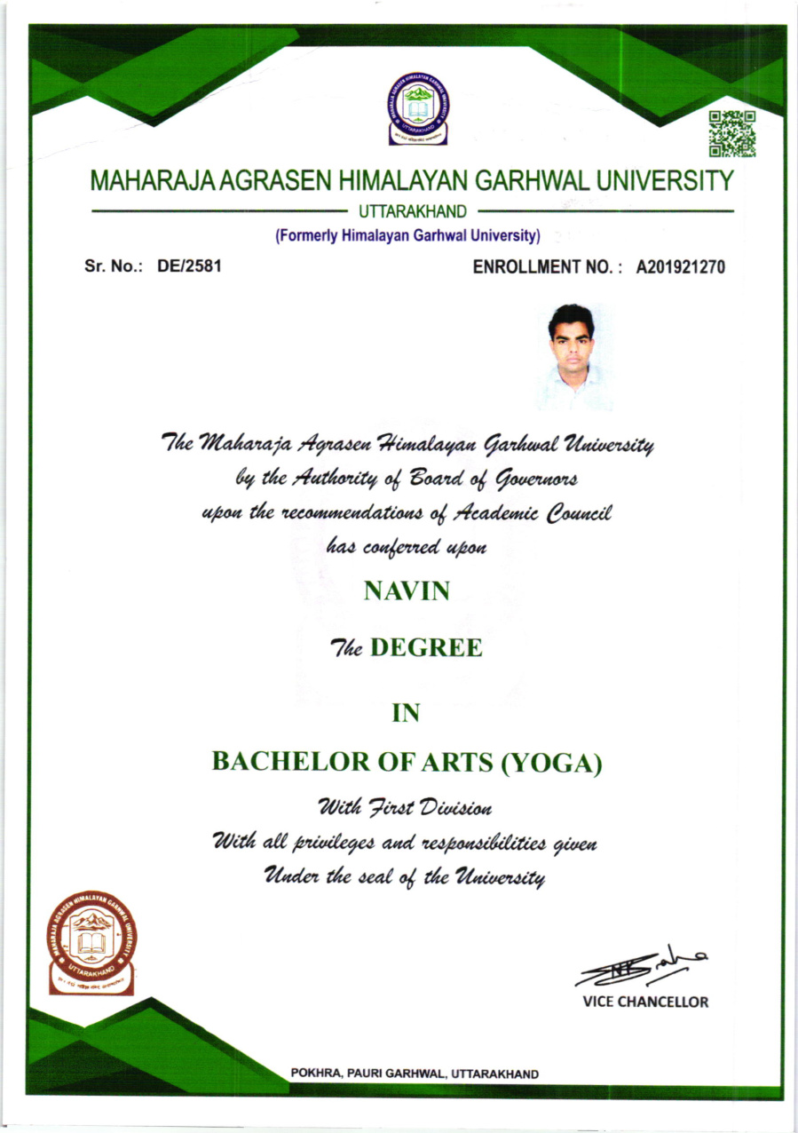 BA Yoga certificate of Navin