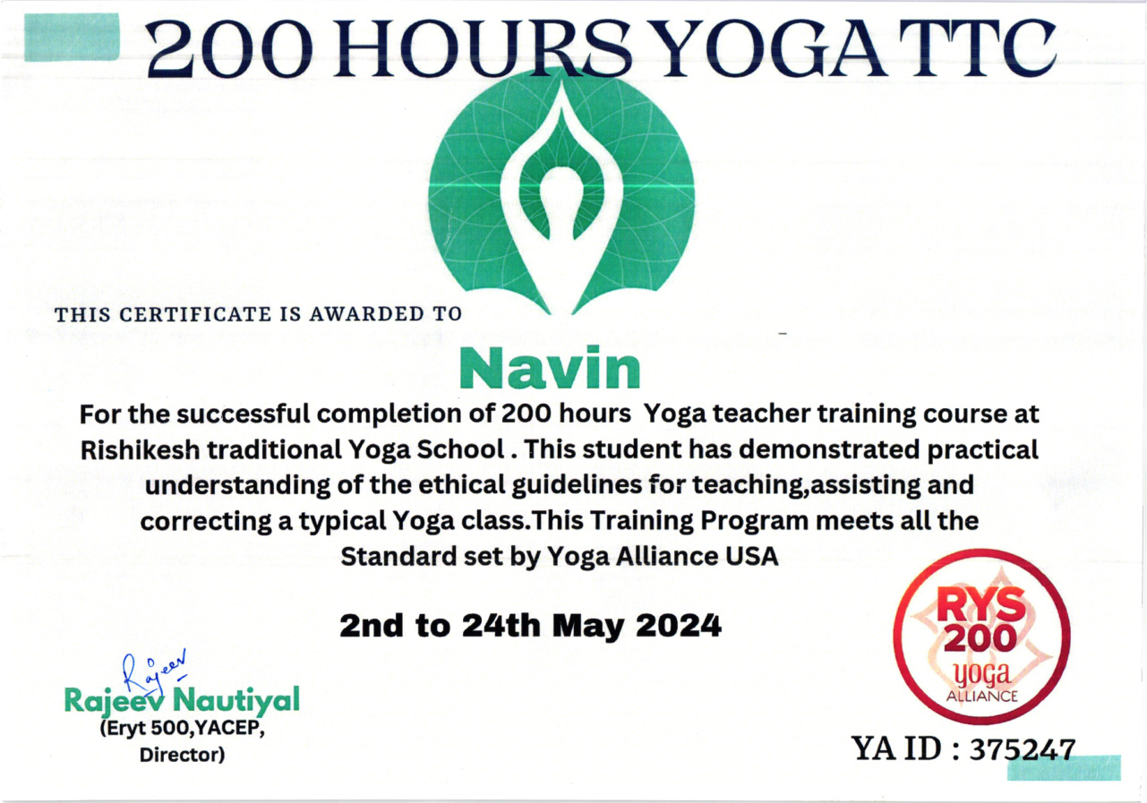200 hours yoga teacher training certificate